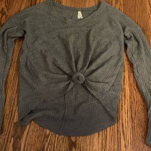 gray tie up sweater